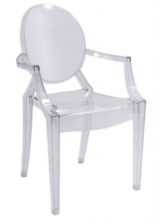 Plastová jedálenská stolička v minimalistickom štýle, transparentná