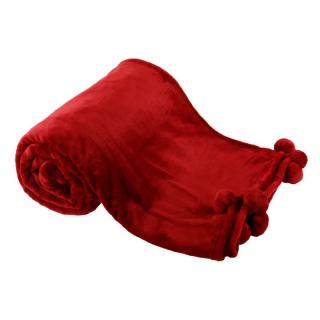 Plyšová deka s brmbolcami, bordová, 150x200 cm (k304191)