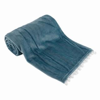 Plyšová deka s brmbolcami, oceľová modrá, 130x150 cm