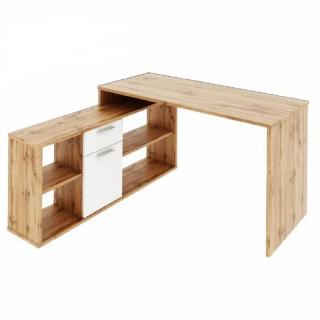 Praktický rohový písací stôl univerzálny, dub wotan/biela