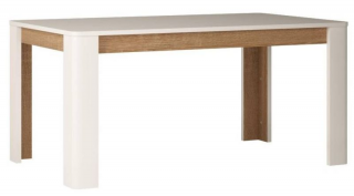 Rozkladací jedálenský stôl 160-200, biela/biely lesk/dub truflowy