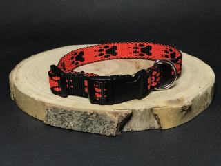 Palkar obojok z popruhu pre psov 35 cm x 16 mm čierno-červená s labkami