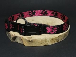 Palkar obojok z popruhu pre psov 65 cm x 25 mm čierno-ružová s labkami