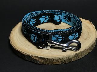 Palkar vodítko z popruhu pre psov 150 cm x 25 mm čierno-svetlo modrá s labkami (Palkar vodítko z popruhu pre psov 150 cm x 25 mm čierno-svetlo modrá s labkami)