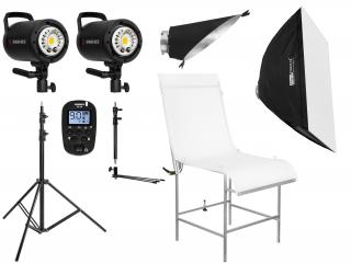 Set bleskov 2x SPARK 400D, 2x statív, odpaľovač, fotografický stôl, reflektor na pozadí, softbox