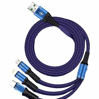 3v1 nabíjací kábel USB 2.0 - USB-C, Micro USB, lightning 1,2 M - Modrý
