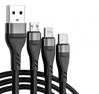 3v1 nabíjací kábel USB 2.0 - USB-C, Micro USB, lightning - Čierny