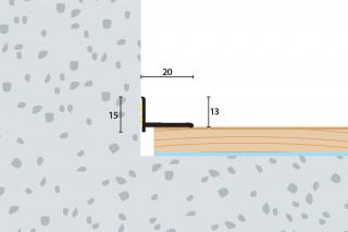 Ukončovací kútový profil samolepiaci 20x15 mm, hrúbka 0-22 mm, hliník, elox šampanský matný, dĺžka 270 cm