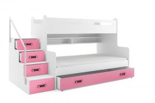 MAX 3 - Poschodová posteľ rozšírená - 200x120cm - Biely - Ružový (Nový model s úchytmi!)