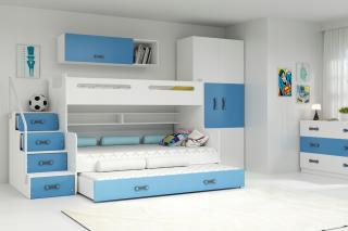 MAX 3 - Poschodová posteľ (rozšírená) s prístelkou - 200x120cm - Biely - Modrý (MAX 3 s prístelkou)