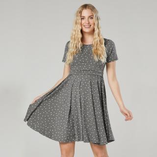 Kojo šaty s krásnou kruhovou sukňou Farba: šedé s bielymi bodkami, Veľkosť: L