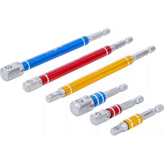 Adaptéry pre vŕtačku, farebné, pohon 1/4  x 1/4 , 3/8 , 1/2 , 75 - 150 mm, 6 dielov, BGS 74424 (Electric Drill Adaptor Set | Multicolour | 6.3 mm (1/4 ) Drive | external square 6.3 mm (1/4 ) / 10 mm (3/8 ) / 12.5 mm (1/2 ) mm | 75 - 150 mm | 6 pcs.)