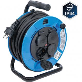 Bubon káblový, 25 m, 3 x 1,5 mm², 4 zásuvky s krytkami, IP 44, 3500 W (Cable Reel | 25 m | 3 x 1.5 mm² | 4 Socket Outlets with Sealing Cap | IP 44 | 3500 W)