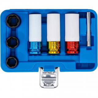Hlavice nástrčné tvrdené ochranné a hlavice špirálové, 1/2 , 17 - 21 mm, 7 dielov, BGS 74297 (Protective Impact Socket and Twist Socket Set (Spiral Profile) / Screw Extractor | 12.5 mm (1/2 ) Drive | 17 - 21 mm | 7 pcs. (BGS 74297))