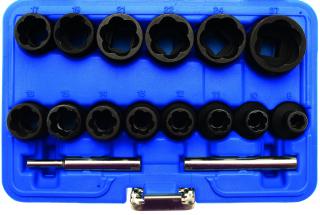 Hlavice špirálové 1/2 , vyťahovák poškodených skrutiek, 8 - 27 mm, 16 dielov, BGS 5269 (Twist Socket Set (Spiral Profile) / Screw Extractor | 12.5 mm (1/2 ) Drive | 8 - 27 mm | 16 pcs. (BGS 5269))