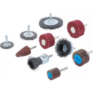 Kefy drôtené a kotúče brúsne lamelové, 10 dielov, BGS 74499 (Wire Brush and Abrasive Flap Wheel Set | 10 pcs. (BGS 74499))