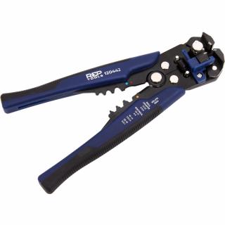 Kliešte odizolačné automatické, s račňovou funkciou do 6 mm², 7 možností pre konektor, s reznou čepeľou, REPTOOLS 120442 (Automatic Wire Stripper with Ratchet Function up to 6 mm², with 7-fold Crimping Function and Cutting Blade (REPTOOLS 120442))