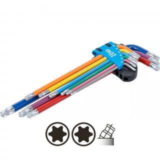 Kľúče L, viacfarebné, extra dlhé, T-profil s guľou T10 - T50, 9 dielov, BGS 74468 (L-Type Wrench Set | Multicolour | extra long | T-Star (for Torx) with Ball Head T10 - T50 | 9 pcs. (BGS 74468))