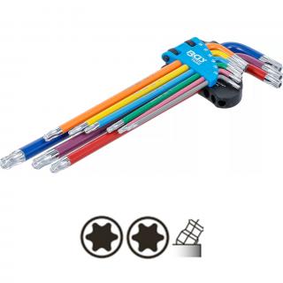 Kľúče L, viacfarebné, extra dlhé, T-profil s vŕtaním / s guľou T10 - T50, 9 dielov, BGS 74465 (L-Type Wrench Set | Multicolour | extra long | T-Star tamperproof (for Torx) with Ball Head T10 - T50 | 9 pcs. (BGS 74465))