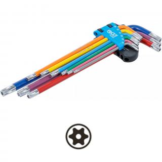 Kľúče L, viacfarebné, extra dlhé, T-profil s vŕtanímT10 - T50, 9 dielov, BGS 74462 (L-Type Wrench Set | Multicolour | extra lang | T-Star tamperproof (for Torx) T10 - T50 | 9 pcs. (BGS 74462))