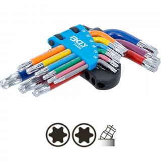 Kľúče L, viacfarebné, krátke, T-profil s guľou T10 - T50, 9 dielov, BGS 74466 (L-Type Wrench Set | Multicolour | short | T-Star (for Torx) with Ball Head T10 - T50 | 9 pcs. (BGS 74466))
