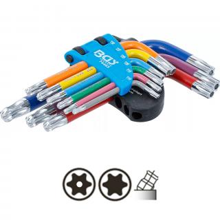 Kľúče L, viacfarebné, krátke, T-profil s vŕtaním / s guľou T10 - T50, 9 dielov, BGS 74463 (L-Type Wrench Set | Multicolour | short | T-Star tamperproof (for Torx) with Ball Head T10 - T50 | 9 pcs. (BGS 74463))