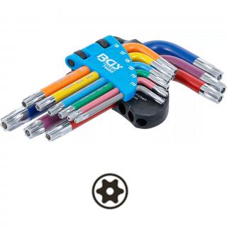 Kľúče L, viacfarebné, krátke, T-profil s vŕtanímT10 - T50, 9 dielov, BGS 74460 (L-Type Wrench Set | Multicolour | short | T-Star tamperproof (for Torx) T10 - T50 | 9 pcs. (BGS 74460))
