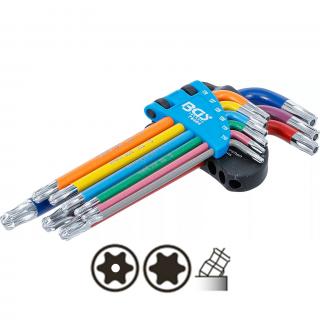 Kľúče L, viacfarebné, T-profil s vŕtaním / s guľou T10 - T50, 9 dielov, BGS 74464 (L-Type Wrench Set | Multicolour | T-Star tamperproof (for Torx) with Ball Head T10 - T50 | 9 pcs. (BGS 74464))