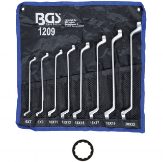 Kľúče očkové obojstranné, vyhnuté, 6 x 7 - 20 x 22 mm, 8 dielov BGS 1209 (Double Ring Spanner Set | offset | 6 x 7 - 20 x 22 mm | 8 pcs. (BGS 1209))