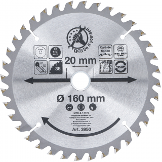 Kotúč pílový s karbidovými hrotmi, Ø 160 x 20 x 2,4 mm, 36 zubov, BGS 3950 (Carbide Tipped Circular Saw Blade | Ø 160 x 20 x 2.4 mm | 36 teeth (BGS 3950))