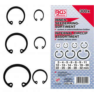 Krúžky poistné seger, vnútorné, Ø 3 - 32 mm, 300 dielov, BGS 8049 (Internal Circlip Assortment | Ø 3 - 32 mm | 300 pcs. (BGS 8049))