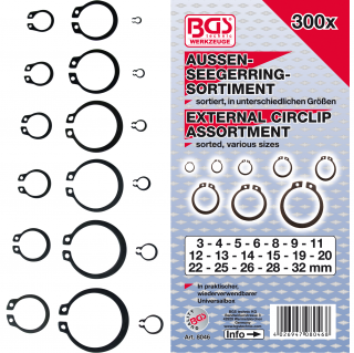 Krúžky poistné seger, vonkajšie, Ø 3 - 32 mm, 300 dielov, BGS 8046 (External Circlip Assortment | Ø 3 - 32 mm | 300 pcs. (BGS 8046))