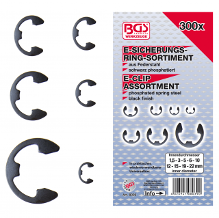 Krúžky poistné, strmeňové, 1,5 - 22 mm, 300 dielov BGS 8039 (Metric E-Clip Assortment | 1.5 - 22 mm | 300 pcs. (BGS 8039))