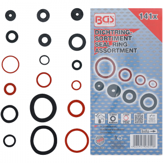 Krúžky tesniace, gumené a sklolaminátové, 141 dielov, BGS 8059 (Seal Ring Assortment | Rubber and Fibreglass | 141 pcs. (BGS 8059))
