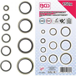 Krúžky tesniace, kovové, s gumovou tesniacou manžetou, 150 dielov, BGS 9306 (Seal Ring Assortment | Metal | with Rubber sealing Bead | 150 pcs. (BGS 9306))