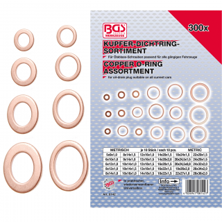 Krúžky tesniace, medené, 300 dielov, BGS 8142 (Seal Ring Assortment | Copper | 300 pcs. (BGS 8142))