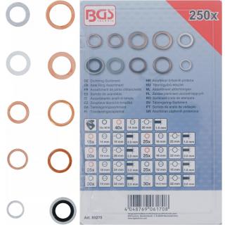 Krúžky tesniace, medené, hliníkové, nylónové, 250 dielov, BGS 85225 (Seal Ring Assortment | Copper, Aluminum, Nylon | 250 pcs. (BGS 85225))