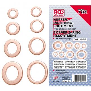 Krúžky tesniace, medené, palcové, pre olejové výpuste, 75 dielov, BGS 8144 (Seal Ring Assortment | Copper | Inch Sizes | for Oil Drain Plugs | 75 pcs. (BGS 8144))