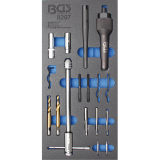 Modul 1/3 - sada na demontáž a opravu závitov žeraviacich sviečok, M8, M10, 17 dielov, BGS 8297 (Tool Tray 1/3: Glow Plug Removal and Thread Repair Set | M8, M10 | 17 pcs. (BGS 8297))