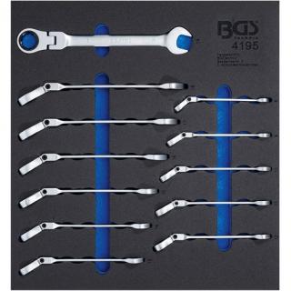 Modul 2/3 - kľúče očkoploché račňové, kĺbové, 8 - 19 mm, 12 dielov, BGS 4195 (Tool Tray 2/3: Ratchet Wrenches | adjustable | 8 - 19 mm | 12 pcs. (BGS 4195))