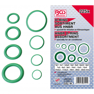 O-krúžky, Ø 3 - 22 mm, na klimatizačné linky, 225 dielov, BGS 8121 (O-Ring Assortment | Ø 3 - 22 mm | on air conditioning lines, 225 pcs. (BGS 8121))