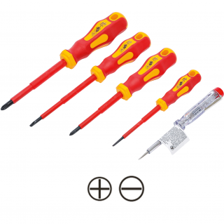 Skrutkovače elektrikárske VDE so skúšačkou, ploché SL 3 - 4 mm, krížové PH1 - PH2, 5 dielov, BGS 35815 (VDE Electrician's Screwdriver Set | Slot SL / Cross Slot | 5 pcs. (BGS 35815))