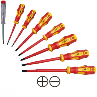 Skrutkovače elektrikárske VDE so skúšačkou, ploché SL 3 - 6,5 mm, krížové PH0 - PH2, 8 dielov (VDE Screwdriver Set | 8 pcs. (BGS 35838))