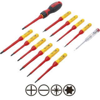 Skrutkovače elektrikárske VDE so skúšačkou, s výmennými driekmi, 13 dielov, BGS 35814 (VDE Screwdriver Set | with Interchangeable Blades | 13 pcs. (BGS 35814))