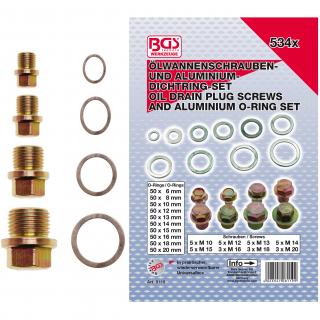 Skrutky na olejové výpuste a hliníkové tesniace krúžky, 534 dielov, BGS 8119 (Oil Drain Plug Screws and Aluminium Seal Ring Assortment | 534 pcs. (BGS 8119))