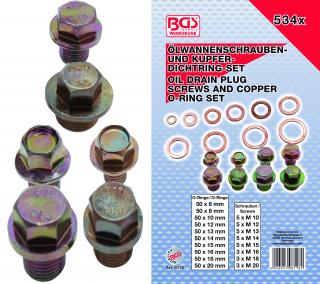 Skrutky na olejové výpuste a medené tesniace krúžky, 534 dielov, BGS 8118 (Oil Drain Plug Screws and Copper Seal Ring Assortment | 534 pcs. (BGS 8118))