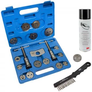 Stlačovák brzdových piestov s adaptérmi, + kefa, čistič bŕzd, adaptér pre RB, REPTOOLS 118555 (Brake Piston Reset Tool Set with adaptors, + brush, brake cleaner, adaptor for HB (REPTOOLS 118555))