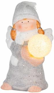 Anjel so snehovou guľou, LED, terakota