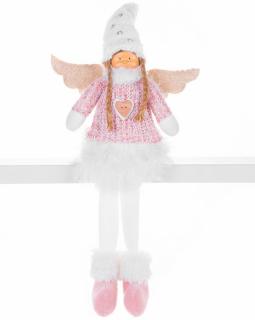 Anjelik s bielou krátkou sukňou, látkový, ružovo-biely, 23x12x59 cm