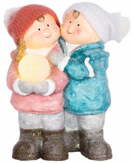 Chlapček a dievčatko so snehovou guľou, 1 LED, keramika